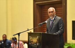 President Dr Mohamed Muizzu speaking at the High-level Closing Ceremony of the SIDS Global Business Network Forum 2024 held today. -- Photo: President's Office