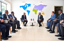 During President Dr Mohamed Muizzu's meeting with the President of Seychelles, Wavel Ramkalawan on the sidelines of the fourth International Conference on Small Island Developing States (SIDS4) held in Antigua and Barbuda. -- Photo: President's Office