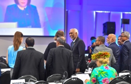 President Muizzu attending a meeting of the fourth International Conference on Small Island Developing States (SIDS4) held in Antigua and Barbuda. -- Photo: President's Office