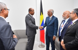 During President Dr Mohamed Muizzu's meeting with the Prime Minister of Antigua and Barbuda, Gaston Browne on the sidelines of the fourth International Conference on Small Island Developing States (SIDS4) held in Antigua and Barbuda. -- Photo: President's Office