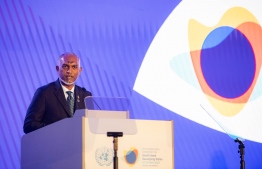 President Dr Mohamed Muizzu speaks at the fourth International Conference on Small Island Developing States (SIDS4) held in Antigua and Barbuda. -- Photo: President's Office