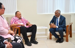 During President Dr Mohamed Muizzu's meeting with the Prime Minister of the Kingdom of Tonga, Siaosi 'Ofakivahafolau Sovaleni on the sidelines of the fourth International Conference on Small Island Developing States (SIDS4) held in Antigua and Barbuda. -- Photo: President's Office