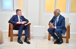 During President Dr Mohamed Muizzu's meeting with the Minister of State for Foreign and Commonwealth and Department of Environment of UK, Lord Richard Benyon on the sidelines of the fourth International Conference on Small Island Developing States (SIDS4) held in Antigua and Barbuda. -- Photo: President's Office