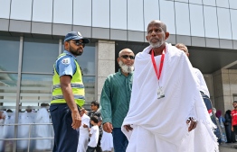 Pilgrims of the first Hajj group departing from Maldives at the Velana International Airport (VIA) on Friday before their departure to Saudi Arabia. -- Photo: Nishan Ali / Mihaaru News