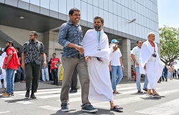 Pilgrims of the first Hajj group departing from Maldives at the Velana International Airport (VIA) on Friday before their departure to Saudi Arabia for Hajj. -- Photo: Nishan Ali / Mihaaru News