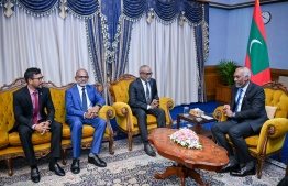President Dr Mohamed Muizzu, Speaker of Parliament, Abdul Raheem Abdulla, Vice Speaker of Parliament, Ahmed Nazim and PNC Parliamentary Group (PG) Leader, Ibrahim Falah during the meeting held today. -- Photo: President's Office