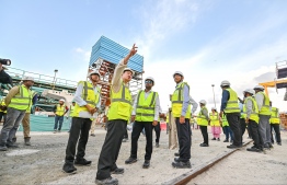 Minister of Construction and Infrastructure Dr Abdulla Muththalib and Indian High Commissioner to Maldives Munu Mahawar at the ThilaMale' Bridge Site.-- Photo: Fayaz Moosa / Mihaaru