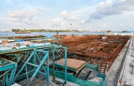 Precast deck segments being cast at the Gulhifalhu section of the ThilaMale' bridge being constructed by high-ranking Indian contractor, Afcons Infrastructure. -- Photo: Fayaz Moosa / Mihaaru News