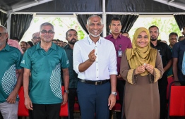 President Dr Mohamed Muizzu, First Lady Sajidha Mohamed and Minister of Climate Change, Environment and Energy, Thoriq Ibrahim in attendance at the ceremony held on Wednesday to launch the 5 Million Trees Plantation Program announced earlier by the President. -- Photo: President's Office