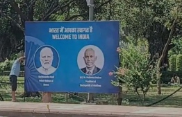 The banner hung over India's External Affairs Ministry to commemorate President Dr Mohamed Muizzu's arrival in India. -- Photo: President's Office