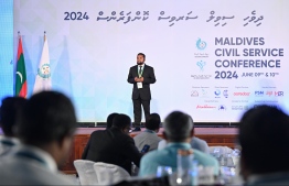 A participant speaking at the opening ceremony of the Fourth Civil Service Conference held at Dharubaaruge Convention Centre in Malé City this morning. -- Photo: Nishan Ali / Mihaaru News