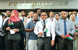 Maldives Ports Limited (MPL) staff participate in the "Palestine aa eku Dhivehin," telethon, organized by state media, Public Service Media (PSM) -- Photo: Nishan Ali