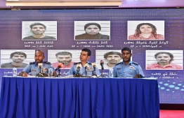 Maldives Police Service providing information about the seven accused of kidnapping and blackmailing their victims for extortion at a Hiyaa Apartment -- Photo: Fayaz Moosa | Mihaaru