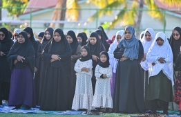 Eid-al-Adha prayers ongoing in a large congregation at B. Kendhoo football stadium today. -- Photo: Fayaz Moosa / Mihaaru News