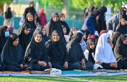 People who joined the B. Kendhoo Eid-al-Adha prayer congregation performed at the island's football stadium today. -- Photo: Fayaz Moosa / Mihaaru News