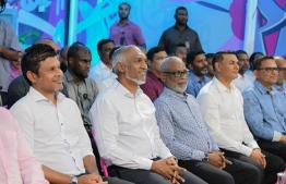 President Dr Mohamed Muizzu, Vice President Hussain Mohamed Latheef and Speaker of Parliament and PNC Chairperson, Abdul Raheem Abdulla attending the ceremony held last night to open the new PNC office, 'PNC House'. -- Photo: PNC