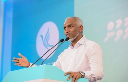 President of the Republic and People's National Congress (PNC), Dr Mohamed Muizzu speaking at the ceremony held last night to open the new PNC office, 'PNC House'. -- Photo: PNC