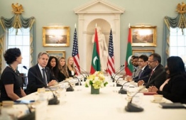 Minister of Foreign Affairs, Moosa Zameer meeting the US Secretary of State, Atony Blinken. -- Photo: Ministry of Foreign Affairs