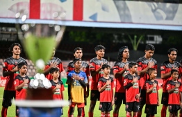 Champions of the U19 Youth Championship 2024, TC Sports Club reciting the national anthem before the start of the final match. -- Photo: Fayaz Moosa / Mihaaru News