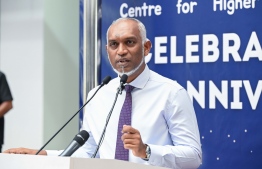 President Dr Mohamed Muizzu speaking at the special assembly held at Centre for Higher Secondary Education (CHSE) to commemorate their 45th anniversary. -- Photo: President's Office