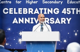 Minister of Education Dr. Ismail Shafeeu speaking at the special assembly held at Centre for Higher Secondary Education (CHSE) to commemorate their 45th anniversary. -- Photo: President's Office