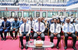 President Dr Mohamed Muizzu and Minister of Education Dr. Ismail Shafeeu in attendance at the special assembly held at Centre for Higher Secondary Education (CHSE) to commemorate their 45th anniversary. -- Photo: President's Office