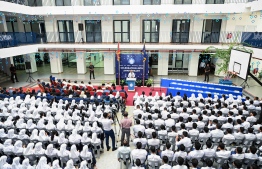 President Dr Mohamed Muizzu speaking at the special assembly held at Centre for Higher Secondary Education (CHSE) to commemorate their 45th anniversary. -- Photo: President's Office