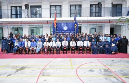 President Dr Mohamed Muizzu taking a group photo with teachers and management of Higher Secondary Education (CHSE) after attending the special assembly held at the school to commemorate their 45th anniversary. -- Photo: President's Office