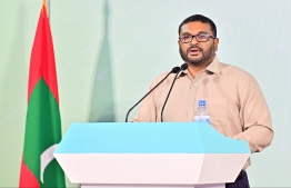 Minister of Defence, Mohamed Ghassan Maumoon speaking at the 'Haruge Ceremony' held at the People's National Congress (PNC) House last night. -- Photo: Fayaz Moosa / MIhaaru News