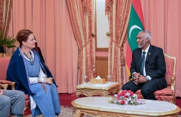 Lithuania's Ambassador to Maldives Diana Mickevičienė and President Dr Mohamed Muizzu in discussion following the ceremony held today -- Photo: President's Office