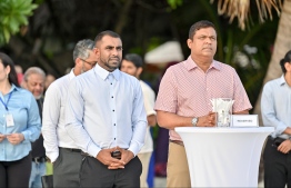 Minister of Transport and Civil Aviation Mohamed Ameen (R) and Minister of Tourism Ibrahim Faisal during the opening ceremony of the Air Service World Congress held yesterday -- Photo: Nishan Ali