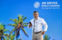 Managing Director of MACL, Ibrahim Shareef Mohamed speaking at the opening ceremony of Maldives' first Air Service World Congress held in Sheraton Maldives. -- Photo: Nishan Ali / Mihaaru News