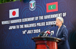 Ambassador of Japan to the Maldives Takeuchi Midori speaking at the vehicle handover ceremony -- Photo: Fayaz Moosa