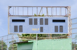 The electronic score board affixed on an FAM Turf Ground. The score board was previously used by the National Football Stadium under the State's supervision, and remained unrenovated following installation on FAM's football grounds. -- Photo: Nishan Ali / Mihaaru News