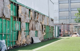 Billboards affixed on the building constructed between the two Football Turf Grounds now empty, without canvases. These billboards used to display advertisements of FAM's sponsors. -- Photo: Nishan Ali / Mihaaru News