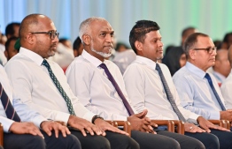 (L-R) Minister of Homeland Security and Technology Ali Ihusaan, President Dr Mohamed Muizzu and Vice President Hussain Mohamed Latheef during last night's ceremony -- Photo: Fayaz Moosa