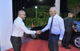 Minister of Homeland Security and Technology Ali Ihusaan welcoming President Dr Mohamed Muizzu upon his arrival at the ceremony held last night.