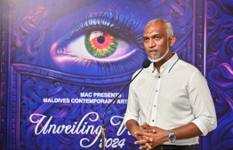 President Dr Mohamed Muizzu speaking at the art exhibition 'Unveiling Visions 2024' after attending the event to see the featured artworks of local artists. -- Photo: Fayaz Moosa / Mihaaru News