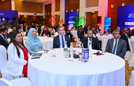 Minister of Social and Family Development Dr Aishath Shiham at the Maldives Finance Forum with the Chairperson of Maldives Pension Administration Office (MPAO), Dr. Ahmed Inaz. -- Photo: Nishan Ali / Mihaaru News