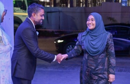 Principal of Centre for Higher Secondary Education (CHSE) welcoming First Lady Sajidha Mohamed upon her arrival at the school's annual Prize Day ceremony held on Monday night. -- Photo: President's Office