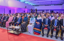 First Lady Sajidha Mohamed, Minister of Education Dr. Ismail Shafeeu, and senior official of Centre for Higher Secondary Education (CHSE) in attendance at the school's annual Prize Day ceremony held on Monday night. -- Photo: President's Office