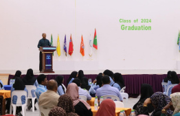 Principal of Faafu Atoll Education Centre located in Faafu atoll Nilandhoo speaking at a ceremony. -- Photo: Nilandhoo School