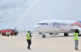 Malaysia Airlines flight MH485 welcomed with a water salute at VIA -- Photo: Nishan Ali