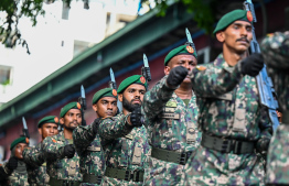 MNDF officers marching in the parade held yesterday to commemorate Maldives' Independence Day. -- Photo: Fayaz Moosa / Mihaaru News