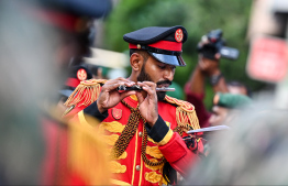 MNDF's brass band playing music during the parade held yesterday to commemorate Maldives' Independence Day. -- Photo: Fayaz Moosa / Mihaaru News