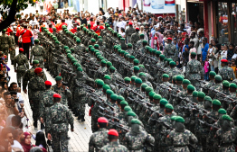 MNDF officers marching in the parade held yesterday to commemorate Maldives' Independence Day. -- Photo: Fayaz Moosa / Mihaaru News