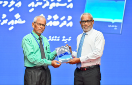 Speaker Abdul Raheem launches two books by Kashima Shakir.-- Photo: Fayaz Moosa / Mihaaru