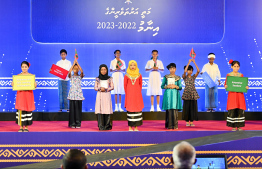 School students delivering a traditional performance during the High Achievers Award Ceremony held at Dharubaaruge, Male' City today. -- Photo: Nishan Ali / Mihaaru News