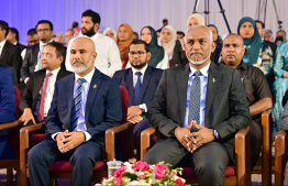 President Dr Mohamed Muizzu and Minister of Education, Dr Ismail Shafeeu attending the High Achievers Award Ceremony 2022-2023. -- Photo: Nishan Ali / Mihaaru News