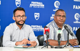 FAM Normalization Committee Member Ismail Siman and Committee Chairperson Ahmed Zuhoor at the press briefing held yesterday. -- Photo: Fayaz Moosa / Mihaaru News